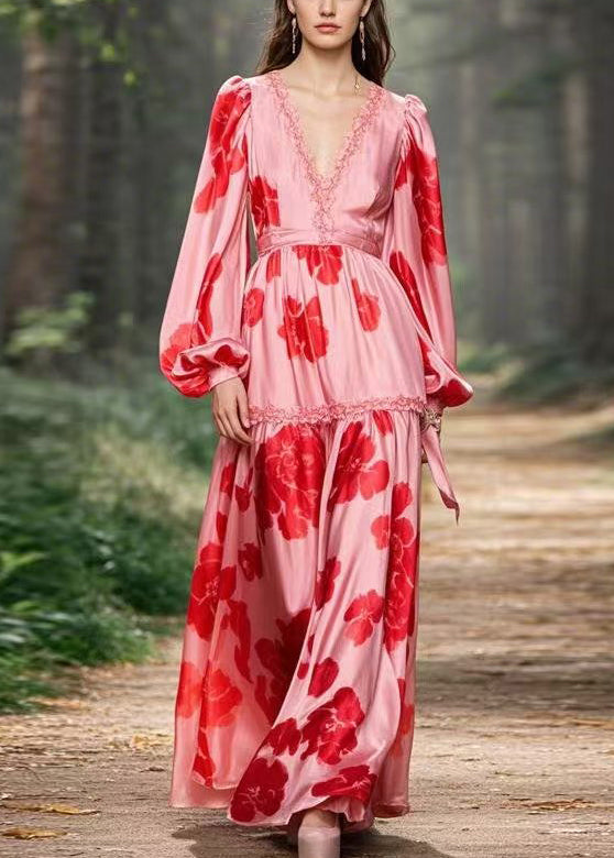 Beautiful Pink Ruffled Print Chiffon Long Dress Spring