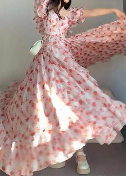 Beautiful Pink Ruffled Print Chiffon Long Dresses Short Sleeve