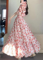 Beautiful Pink Ruffled Print Chiffon Long Dresses Short Sleeve