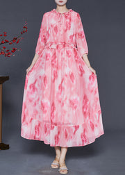 Beautiful Pink Ruffled Print Chiffon Vacation Dress Summer