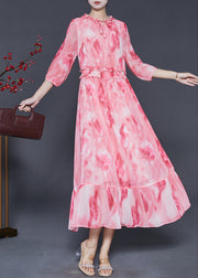 Beautiful Pink Ruffled Print Chiffon Vacation Dress Summer