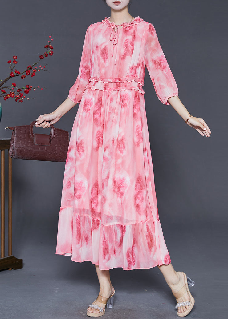 Beautiful Pink Ruffled Print Chiffon Vacation Dress Summer