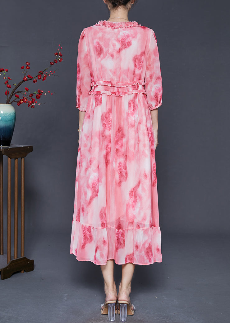 Beautiful Pink Ruffled Print Chiffon Vacation Dress Summer