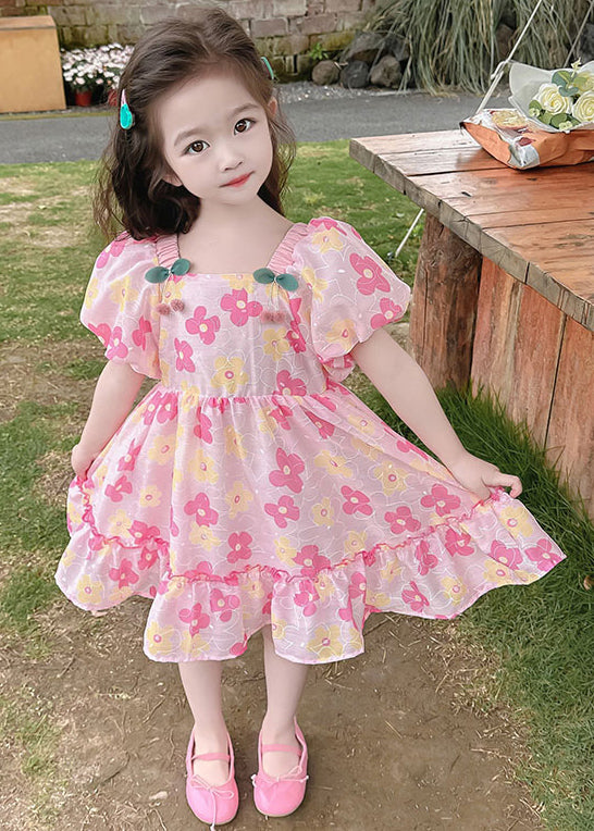 Beautiful Pink Ruffled Print Cotton Baby Girls Dress Summer