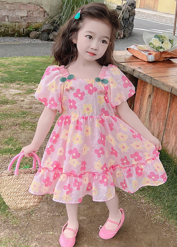 Beautiful Pink Ruffled Print Cotton Baby Girls Dress Summer