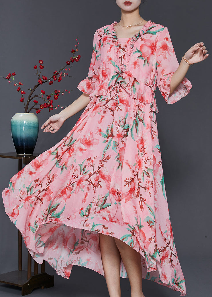 Beautiful Pink Ruffled Print Exra Large Hem Chiffon Dresses Summer