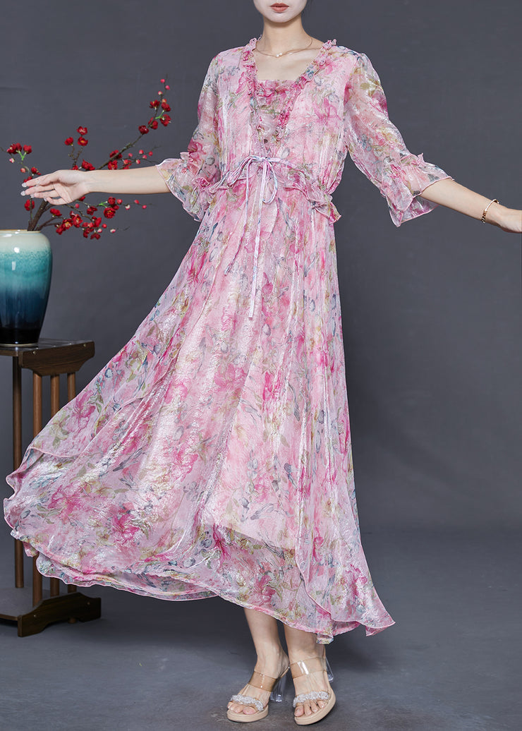 Beautiful Pink Ruffled Print Silk Party Dresses Summer