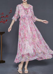 Beautiful Pink Ruffled Print Silk Party Dresses Summer