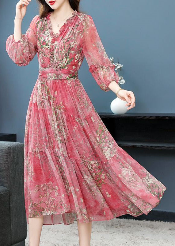 Beautiful Pink Ruffled Wrinkled Print Patchwork Silk Dress Summer