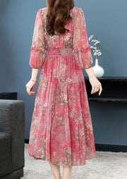 Beautiful Pink Ruffled Wrinkled Print Patchwork Silk Dress Summer