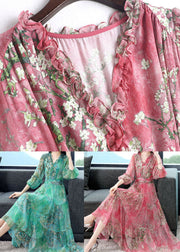 Beautiful Pink Ruffled Wrinkled Print Patchwork Silk Dress Summer