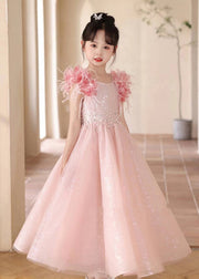 Beautiful Pink Sequins Patchwork Tulle Girls Maxi Dresses Summer