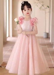 Beautiful Pink Sequins Patchwork Tulle Girls Maxi Dresses Summer