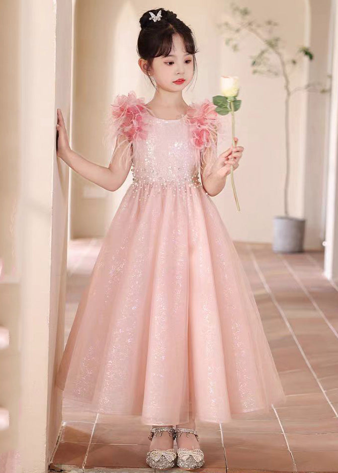 Beautiful Pink Sequins Patchwork Tulle Girls Maxi Dresses Summer