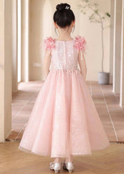 Beautiful Pink Sequins Patchwork Tulle Girls Maxi Dresses Summer