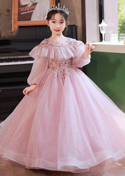 Beautiful Pink Sequins Patchwork Tulle Kids Maxi Dress Fall