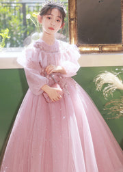 Beautiful Pink Sequins Patchwork Tulle Kids Maxi Dress Fall