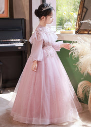 Beautiful Pink Sequins Patchwork Tulle Kids Maxi Dress Fall