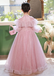 Beautiful Pink Sequins Patchwork Tulle Kids Maxi Dress Fall