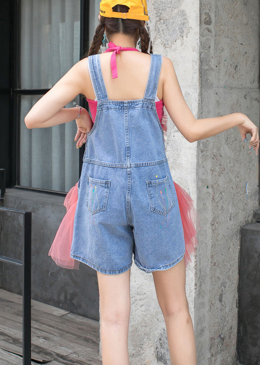 Beautiful Pink Slash Neck Organza Patchwork Tassel Denim Jumpsuit Summer