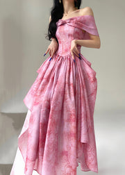 Beautiful Pink Slash Neck Wrinkled Print Silk Dress Summer