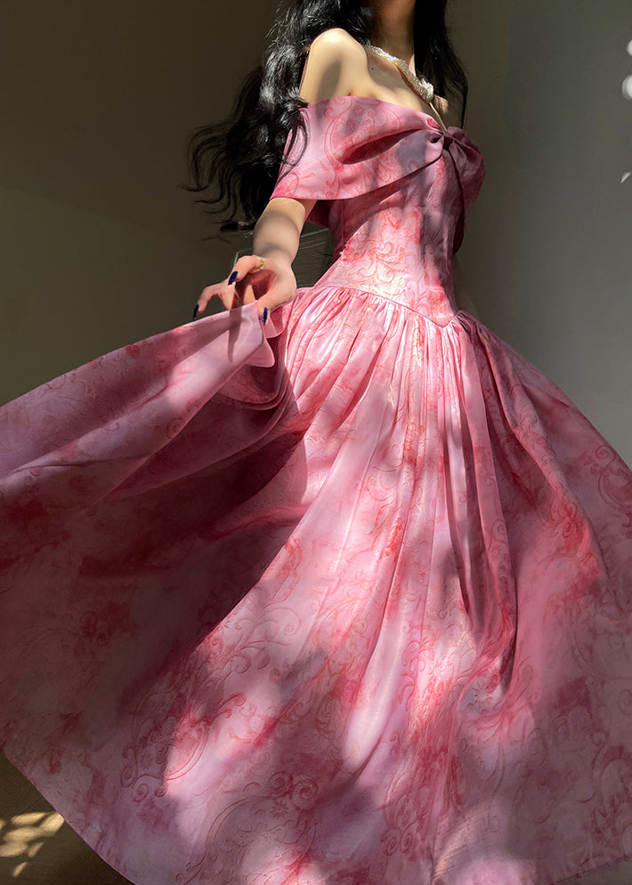 Beautiful Pink Slash Neck Wrinkled Print Silk Dress Summer