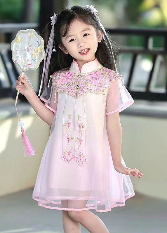 Beautiful Pink Stand Collar Embroideried Tulle Girls Holiday Tulle Maxi Dress Summer