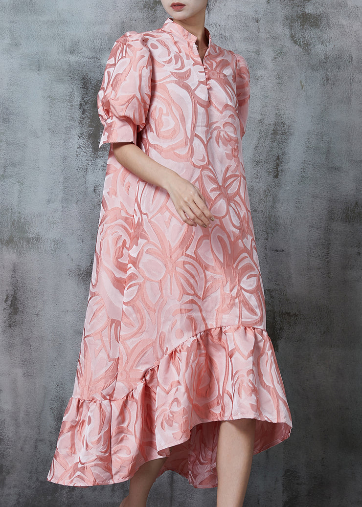 Beautiful Pink Stand Collar Jacquard Silk Robe Dresses Summer