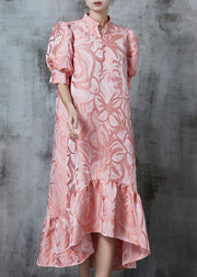 Beautiful Pink Stand Collar Jacquard Silk Robe Dresses Summer