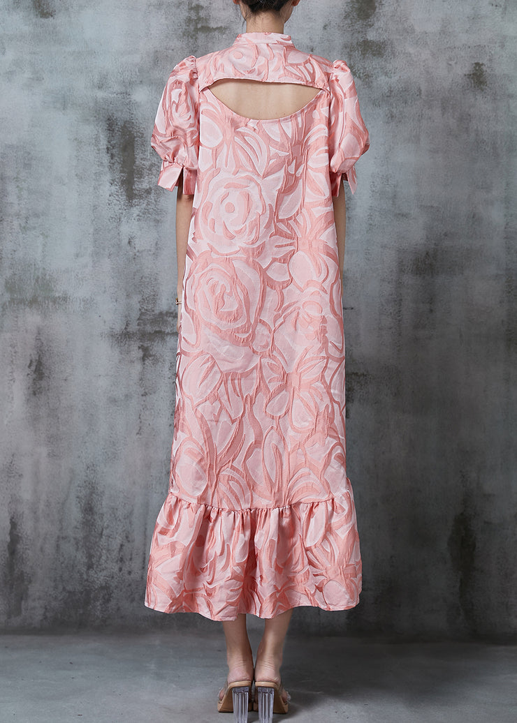 Beautiful Pink Stand Collar Jacquard Silk Robe Dresses Summer