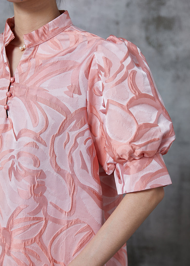 Beautiful Pink Stand Collar Jacquard Silk Robe Dresses Summer