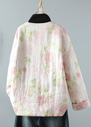 Beautiful Pink Stand Collar Patchwork Print Fine Cotton Filled Oriental Coats In Winter