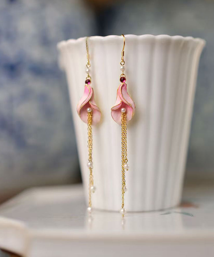 Beautiful Pink Sterling Silver Overgild Pearl Horseshoe Lotus Tassel Drop Earrings