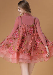 Beautiful Pink Turtle Neck Embroideried Organza Two Pieces Set Spring