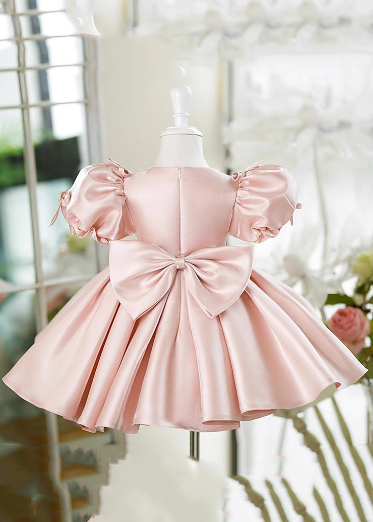 Beautiful Pink V Neck Bow Silk Kids Maxi Dress Summer