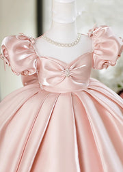 Beautiful Pink V Neck Bow Silk Kids Maxi Dress Summer