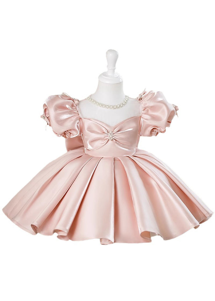 Beautiful Pink V Neck Bow Silk Kids Maxi Dress Summer