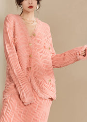 Beautiful Pink V Neck Button Tassel Knit Cardiga Fall