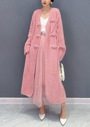 Beautiful Pink V Neck Button Woolen Trench Coat Long Sleeve