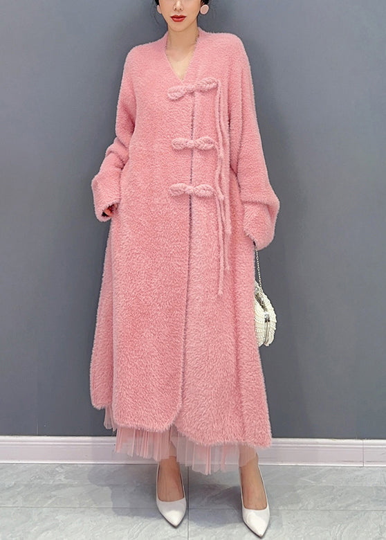 Beautiful Pink V Neck Button Woolen Trench Coat Long Sleeve