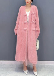 Beautiful Pink V Neck Button Woolen Trench Coat Long Sleeve