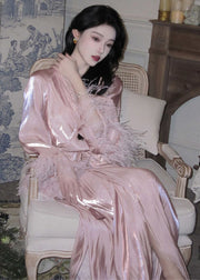 Beautiful Pink V Neck Feather Patchwork Silk Dresses Long Sleeve