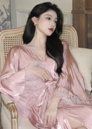 Beautiful Pink V Neck Feather Patchwork Silk Dresses Long Sleeve