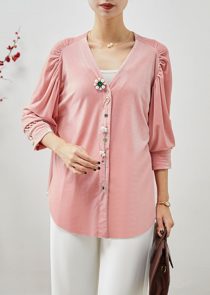 Beautiful Pink V Neck Nail Bead Silk Velour Shirt Fall