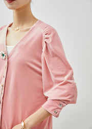 Beautiful Pink V Neck Nail Bead Silk Velour Shirt Fall