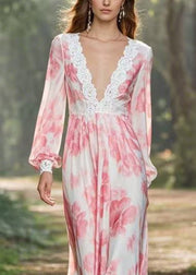 Beautiful Pink V Neck Print Chiffon Long Dresses Spring