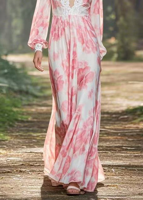 Beautiful Pink V Neck Print Chiffon Long Dresses Spring