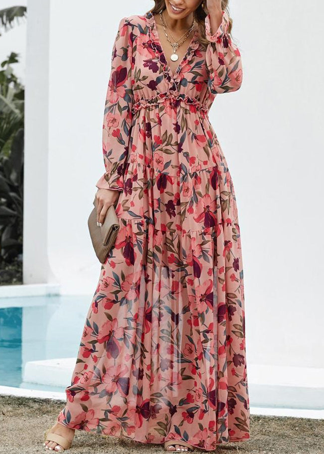 Beautiful Pink V Neck Ruffled Print Chiffon Long Dress Spring