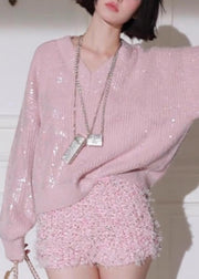 Beautiful Pink V Neck Sequins Patchwork Knit Sweaters Fall