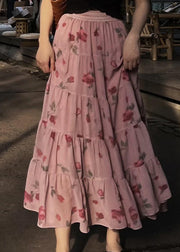 Beautiful Pink Wrinkled Print Elastic Waist Chiffon Skirts Spring